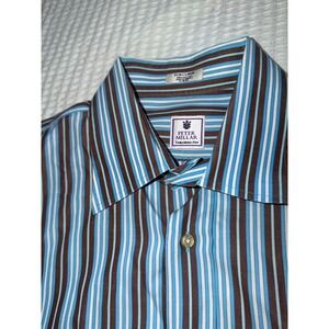 Peter Millar Button Down Shirt Mens XL Blue Brown Striped Tailored Fit Cotton
